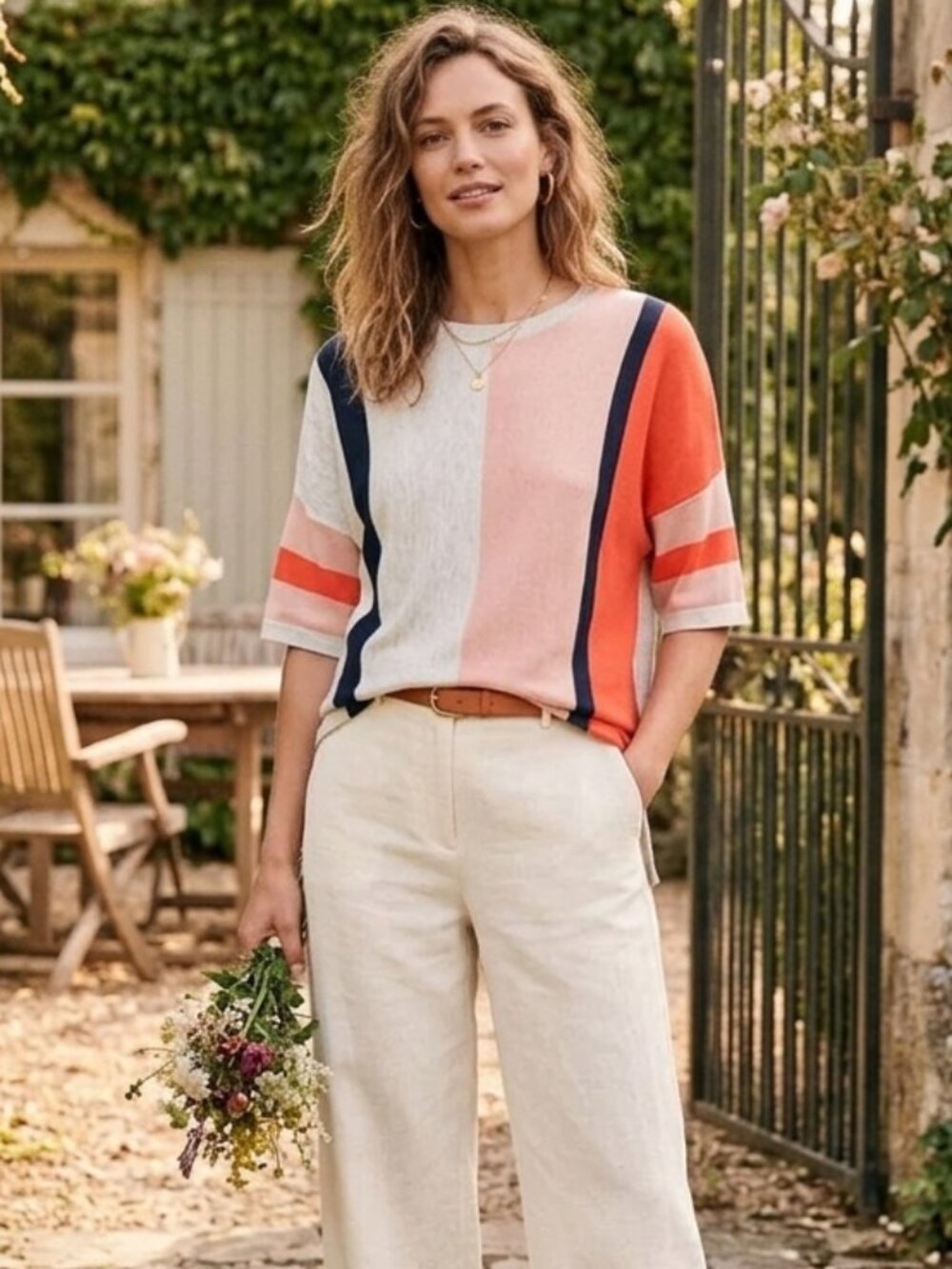 Oliver Bonas Colorblock Stripe Knitted T-Shirt Size L (UK 14)
